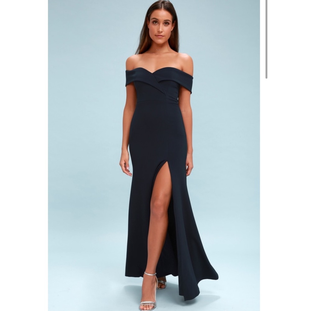 Song of Love Navy Blue Off the Shoulder Maxi Dress